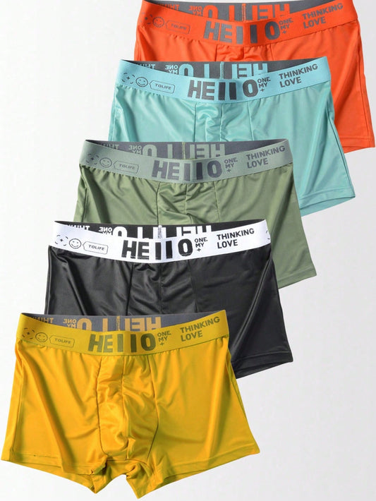 5pcs Men's Letter Print Underwear With Woven Waistband And Flat Angled Cut - TIRBOPRIME