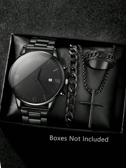 Fashionable 4pcs Men's Quartz Watch Set With Calendar Function - Non-Waterproof Black Zinc Alloy Case & Bracelet, Round Dial, Electronic Drive & Pointer Display, Including Cross Pendant Necklace & Ring Ideal Birthday Gift For Him (No Box) - TIRBOPRIME