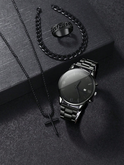 Fashionable 4pcs Men's Quartz Watch Set With Calendar Function - Non-Waterproof Black Zinc Alloy Case & Bracelet, Round Dial, Electronic Drive & Pointer Display, Including Cross Pendant Necklace & Ring Ideal Birthday Gift For Him (No Box) - TIRBOPRIME