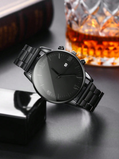 Fashionable 4pcs Men's Quartz Watch Set With Calendar Function - Non-Waterproof Black Zinc Alloy Case & Bracelet, Round Dial, Electronic Drive & Pointer Display, Including Cross Pendant Necklace & Ring Ideal Birthday Gift For Him (No Box) - TIRBOPRIME