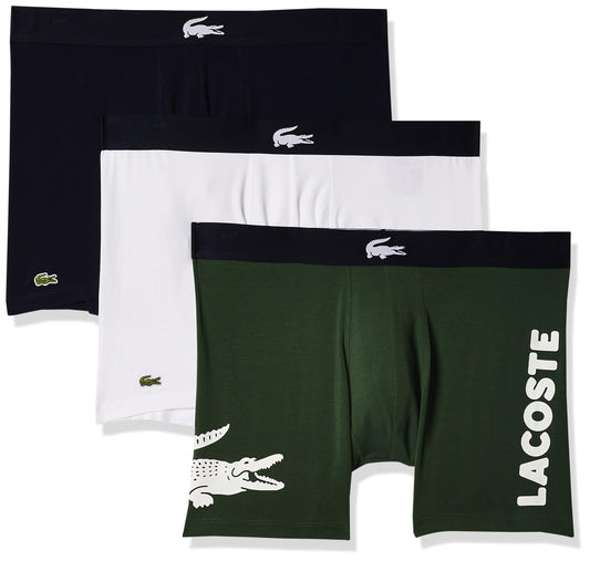 Lacoste Men's Cotton Stretch Big Croc Print Boxer Briefs, 3-pack, Dusty Olive/Navy Blue/White, Large - TIRBOPRIME